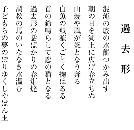 　　　　
　　　 　過　去　形

混沌の底の水餅つかみ出す

朝の日を湖上に広げ春立ちぬ

山焼や風が炎となり奔る

白魚の紙漉くごとく掬はるる

首の鈴鳴らして恋の猫となる

過去形の話ばかりの春炬燵

調教の馬のいななき水温む

子どもらの夢のぼりゆくしやぼん玉