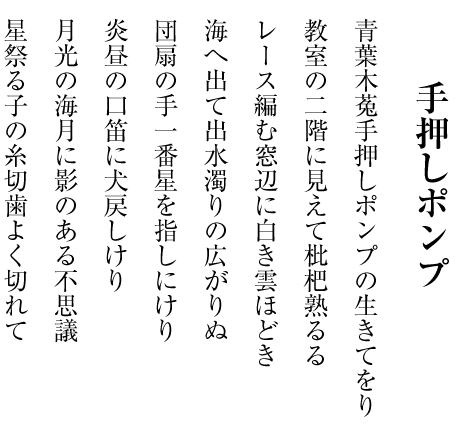 手押しポンプ 青葉木菟手押しポンプの生きてをり 教室の二階に見えて枇杷熟るる レース編む窓辺に白き雲ほどき 海へ出て出水濁りの広がりぬ 団扇の手一番星を指しにけり 炎昼の口笛に犬戻しけり 月光の海月に影のある不思議 星祭る子の糸切歯よく切れて