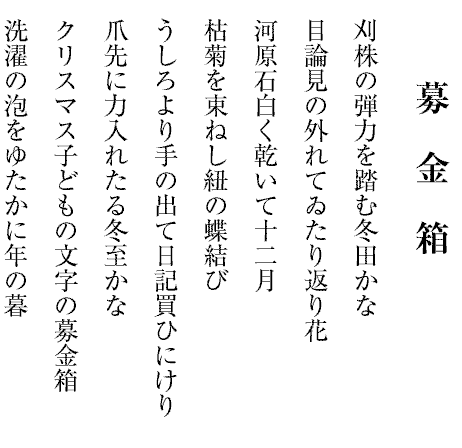 刈株の弾力を踏む冬田かな
目論見の外れてゐたり返り花
河原石白く乾いて十二月
枯菊を束ねし紐の蝶結び
うしろより手の出て日記買ひにけり
爪先に力入れたる冬至かな
クリスマス子どもの文字の募金箱
洗濯の泡をゆたかに年の暮
