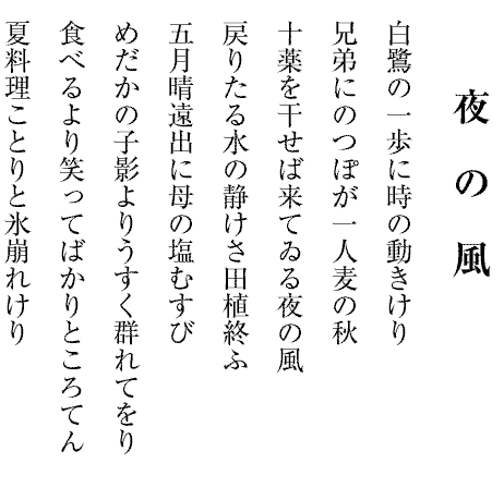 白鷺の一歩に時の動きけり
兄弟にのつぽが一人麦の秋
十薬を干せば来てゐる夜の風
戻りたる水の静けさ田植終ふ
五月晴遠出に母の塩むすび
めだかの子影よりうすく群れてをり
食べるより笑ってばかりところてん
夏料理ことりと氷崩れけり
