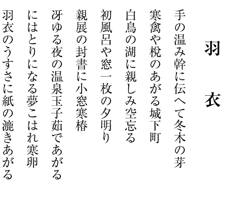 羽衣
手の温み幹に伝へて冬木の芽
寒禽や梲のあがる城下町
白鳥の湖に親しみ空忘る
初風呂や窓一枚の夕明り
親展の封書に小窓寒椿
冴ゆる夜の温泉玉子茹であがる
にはとりになる夢こはれ寒卵
羽衣のうすさに紙の漉きあがる
