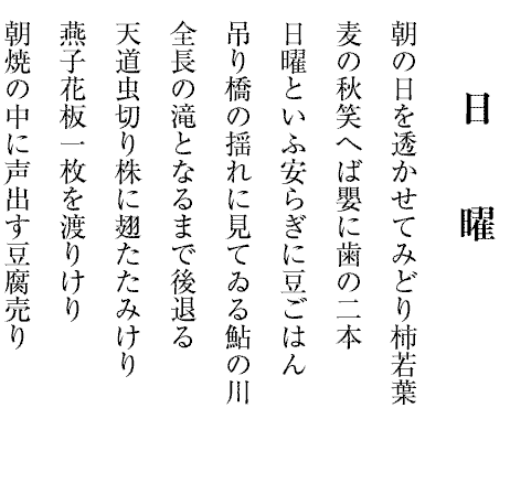 日曜
朝の日を透かせてみどり柿若葉
麦の秋笑へば嬰に歯の二本
日曜といふ安らぎに豆ごはん
吊り橋の揺れに見てゐる鮎の川
全長の滝となるまで後退る
天道虫切り株に翅たたみけり
燕子花板一枚を渡りけり
朝焼の中に声出す豆腐売り
