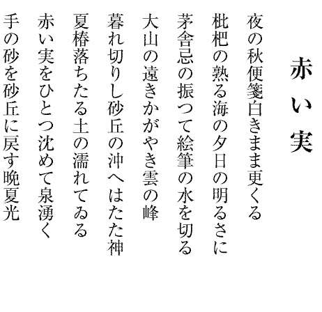 赤い実
夜の秋便箋白きまま更くる
枇杷の熟る海の夕日の明るさに
茅舎忌の振つて絵筆の水を切る
大山の遠きかがやき雲の峰
暮れ切りし砂丘の沖へはたた神
夏椿落ちたる土の濡れてゐる
赤い実をひとつ沈めて泉湧く
手の砂を砂丘に戻す晩夏光
