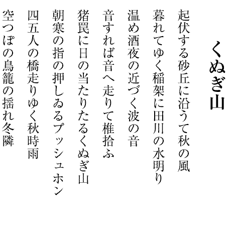 くぬぎ山
起伏する砂丘に沿うて秋の風
暮れてゆく稲架に田川の水明り
温め酒夜の近づく波の音
音すれば音へ走りて椎拾ふ
猪罠に日の当たりたるくぬぎ山
朝寒の指の押しゐるプッシュホン
四五人の橋走りゆく秋時雨
空つぽの鳥籠の揺れ冬隣
