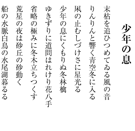 少年の息
末枯を追ひつめてゐる風の音
りんりんと響く青空冬に入る
凩の止むしづけさに星光る
少年の息にくもりぬ冬林檎
ゆきずりに道問はれけり花八手
省略の極みに冬木立ちつくす
荒星の夜は砂丘の砂動く
船の水脈白鳥の水尾湖暮るる
