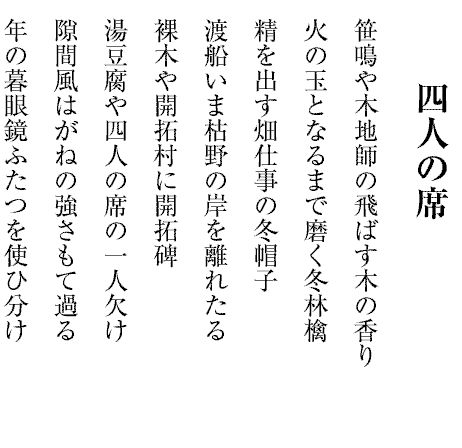 四人の席
笹鳴や木地師の飛ばす木の香り
火の玉となるまで磨く冬林檎
精を出す畑仕事の冬帽子
渡船いま枯野の岸を離れたる
裸木や開拓村に開拓碑
湯豆腐や四人の席の一人欠け
隙間風はがねの強さもて過る
年の暮眼鏡ふたつを使ひ分け
