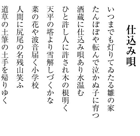 仕込み唄
いつまでも灯りてゐたる雛の家
たんぽぽや転んで泣かぬ子に育つ
酒蔵に仕込み唄あり水温む
ひと許し人に許され木の根明く
天平の塔より雪解しづくかな
菜の花や波音届く小学校
人間に尻尾の名残山笑ふ
道草の土筆の土手を帰りゆく
