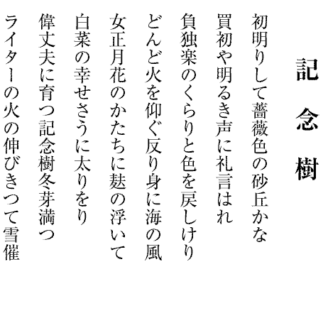 記念樹
初明りして薔薇色の砂丘かな
買初や明るき声に礼言はれ
負独楽のくらりと色を戻しけり
どんど火を仰ぐ反り身に海の風
女正月花のかたちに麸の浮いて
白菜の幸せさうに太りをり
偉丈夫に育つ記念樹冬芽満つ
ライターの火の伸びきつて雪催
