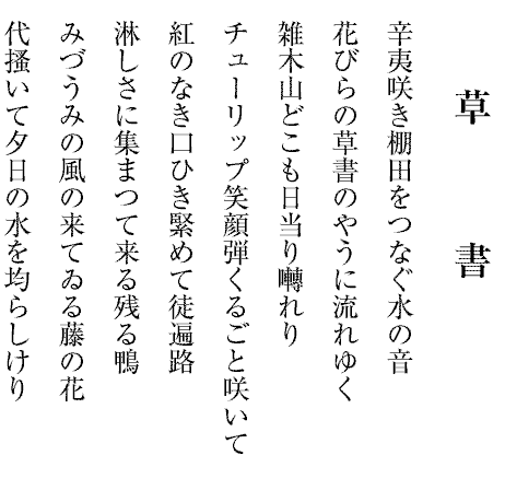 草　　　書
辛夷咲き棚田をつなぐ水の音
花びらの草書のやうに流れゆく
雑木山どこも日当り囀れり
チューリップ笑顔弾くるごと咲いて
紅のなき口ひき緊めて徒遍路
淋しさに集まつて来る残る鴨
みづうみの風の来てゐる藤の花
代搔いて夕日の水を均らしけり
